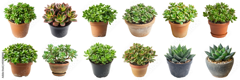 Poster collection of diverse succulent plants in various pots displaying unique colors and textures for ind