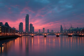 Fototapeta premium City skyline at dawn with vibrant pink sky reflecting in river.