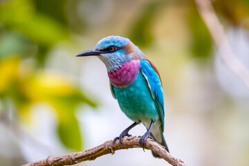 Fototapeta premium Stunning European Roller Perched on a Tree Branch, Showcasing Its Vivid Blue and Brown Plumage in a Serene Natural Setting, Vibrant Wallpaper