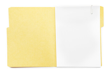 Open paper file folder with blank sheet isolated on white, top view