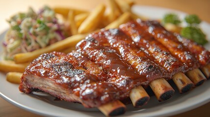Delicious BBQ Ribs with Fries and Coleslaw