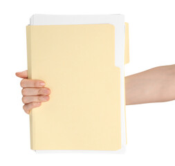 Woman holding paper file folder on white background, closeup
