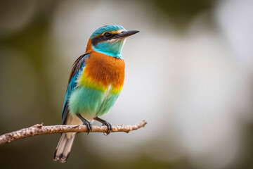 Fototapeta premium Stunning European Roller Perched on a Tree Branch, Showcasing Its Vivid Blue and Brown Plumage in a Serene Natural Setting, Vibrant Wallpaper