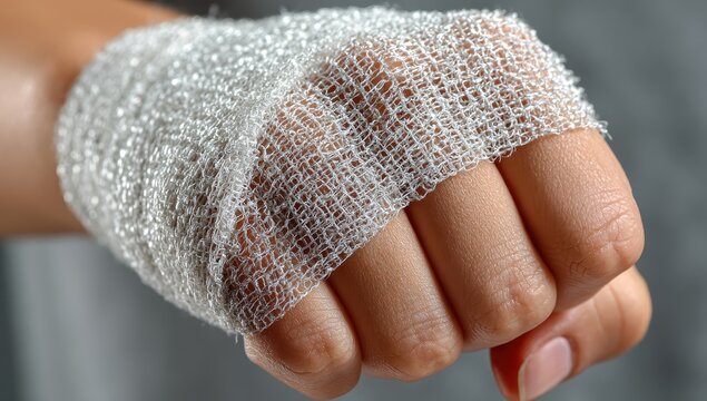 Close-up of a bandaged hand clenching a fist.