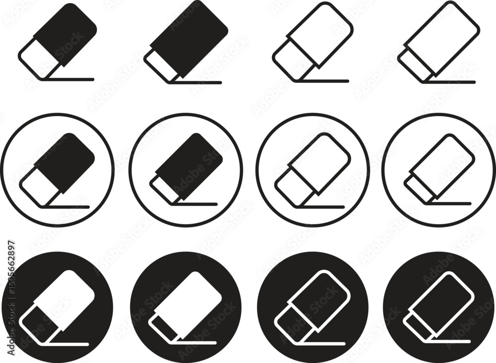 Poster eraser clean icons set flat, outline styles. rubber eraser removing clearing content related to edit