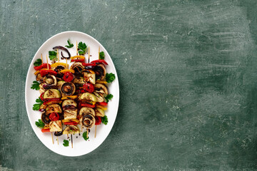 juicy vegetarian barbecue kebabs made from delicious fresh vegetables. vegan grill party