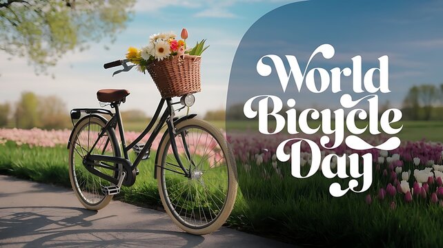 A bicycle with a basket of flowers on a path with world bicycle day text overlayed on the right side - Powered by Adobe
