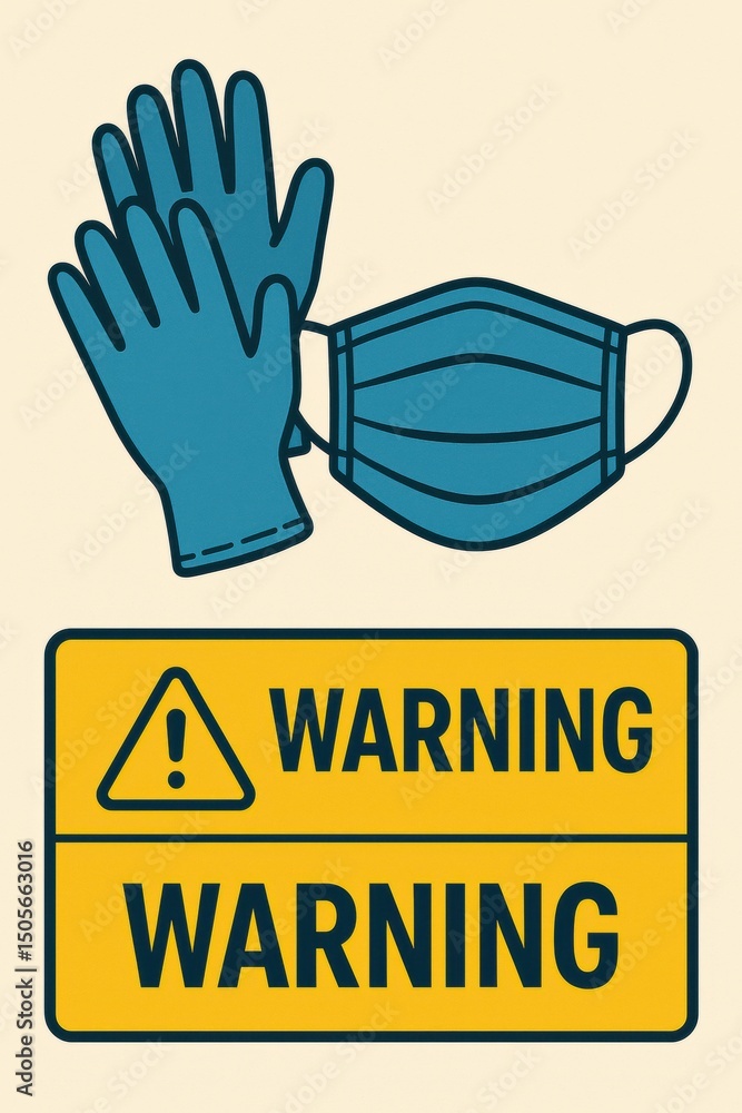 Fototapete protective gloves and mask with a warning sign displayed in an informative manner in a health and sa