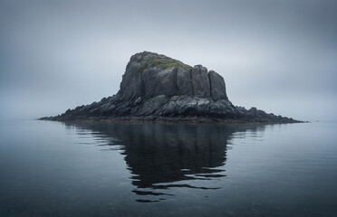 Lone Rock Reflecting in Misty Sea &ndash; Minimal Ocean Tranquility