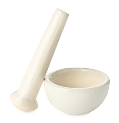 Ceramic mortar with pestle isolated on white