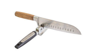 Vintage knife sharpener with a santoku chef knife, isolated on white background