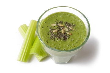 spinach and celery stems detox diet smoothie with chia and sunflower seeds, healthy eating