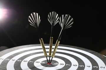 Targeting. Dart board with arrows on dark background, closeup