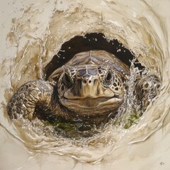 Detailed Artwork of a Turtle Emerging from Water Splashing Effect