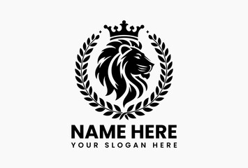 Lion head logo design features royal crown and laurel wreath in bold monochrome style
