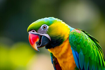 Fototapeta premium Magnificent Green-Winged Macaw Perched on a Tree Branch, Displaying Its Vivid Red, Green, and Blue Plumage in a Tropical Setting, Vibrant Wallpaper