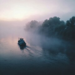 Foggy river landscape with small boat