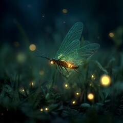Glowing insect in grassy night scene