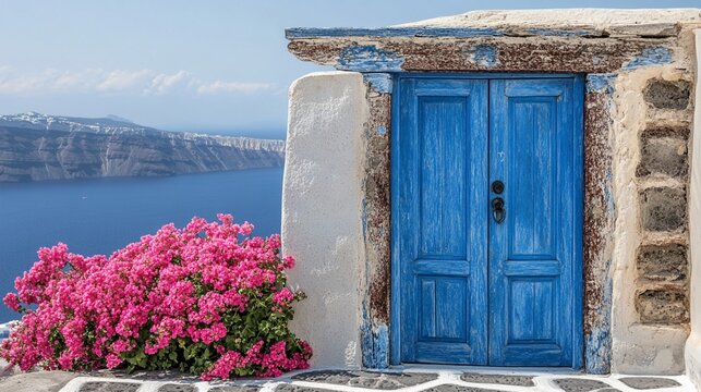 A vibrant blue door framed by blooming pink bougainvillea creates a stunning contrast against the serene backdrop of the Aegean Sea in Santorini, Greece, showcasing idyllic architecture. - Powered by Adobe