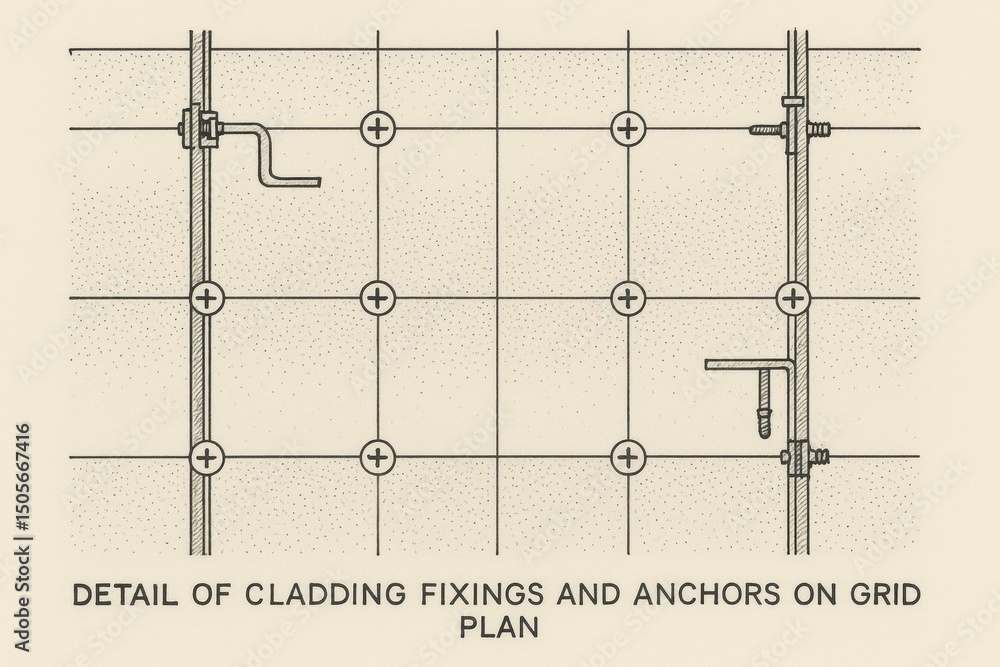 Poster cladding fixings and anchors detailed on a grid plan with precise measurements and specifications fo