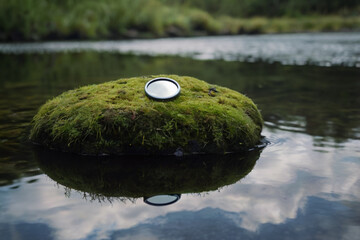 A small round mirror placed on a mossy rock in the middle of a quiet river, reflecting the sky with moving clouds, surreal and symbolic, calm water surface, natural soft lighting