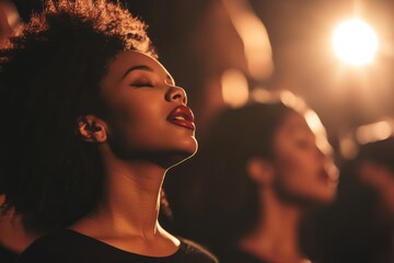 A female choir singing passionately on stage under warm lighting