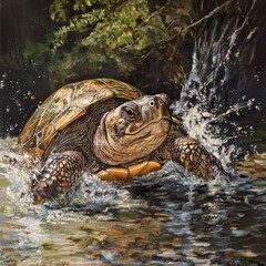 Majestic Turtle Swims Gracefully Through Sparkling Water Splash