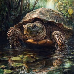 Majestic Turtle Emerging from Serene Freshwater Habitat in Nature