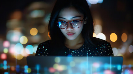 Young adult Asian female freelance professional wearing eyeglasses, typing on a laptop with a writing prompt