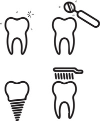 Obraz premium Dental Health Illustrations: A collection of minimalist line drawings showcasing various aspects of dental health, including a healthy tooth, dental tools, dental implant and brushing.