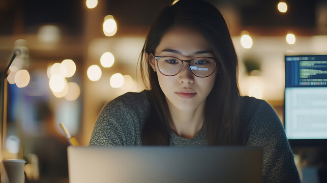 Young adult Asian female freelance professional wearing eyeglasses, typing on a laptop with a writing prompt