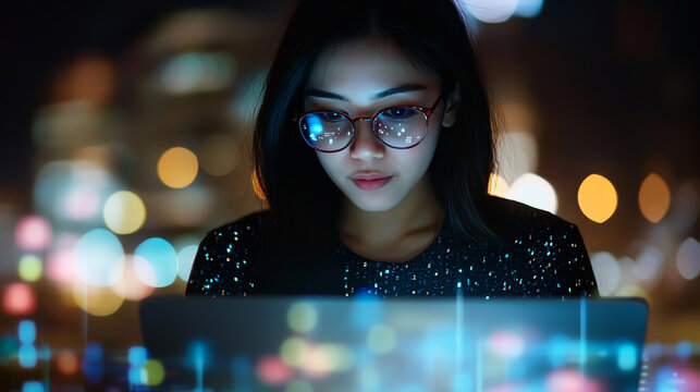 Young adult Asian female freelance professional wearing eyeglasses, typing on a laptop with a writing prompt