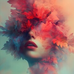 Enigmatic Portrait with Leaves and Ethereal Colors in Soft Focus