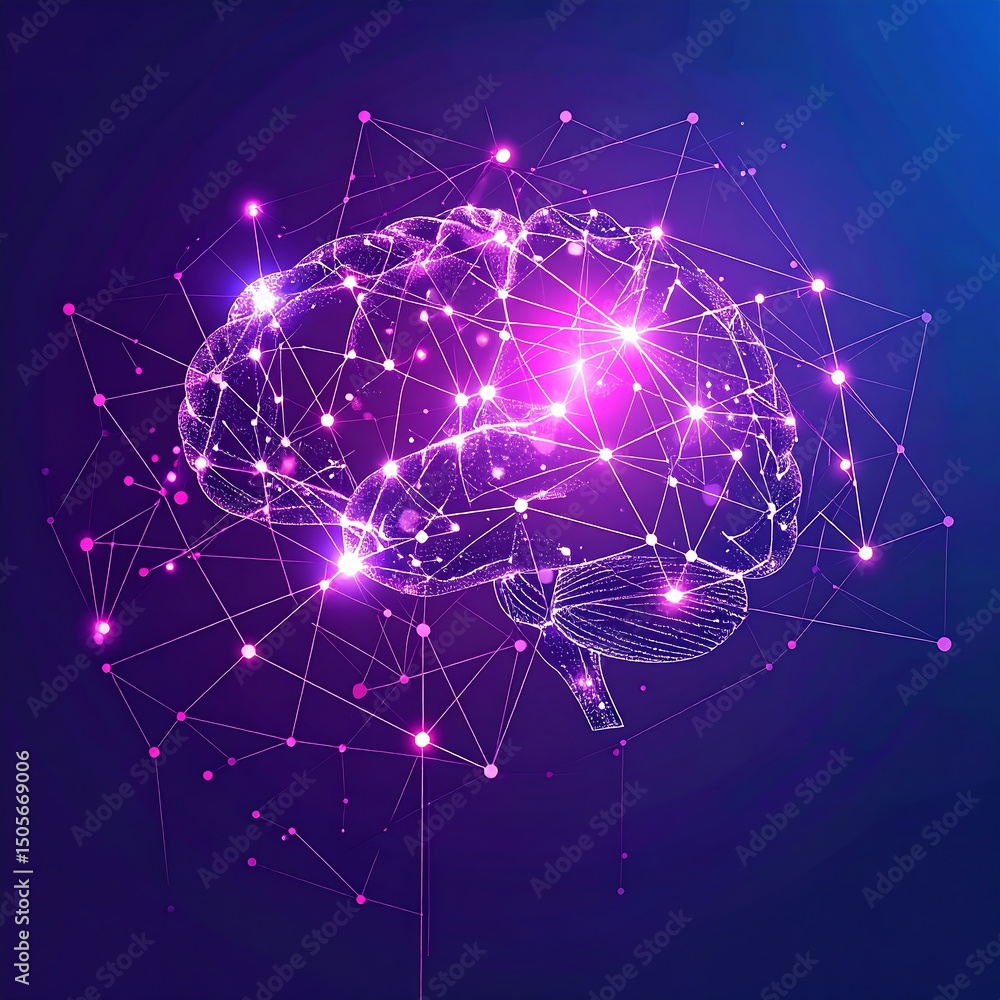 Poster neural network visualization glowing brain connections representing ai