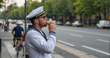 Sailor tasting fresh brew at city bike lane