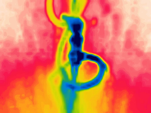 Water supply system. Cold pipe wiring, flexible pipe connection. Image from thermal imager device.