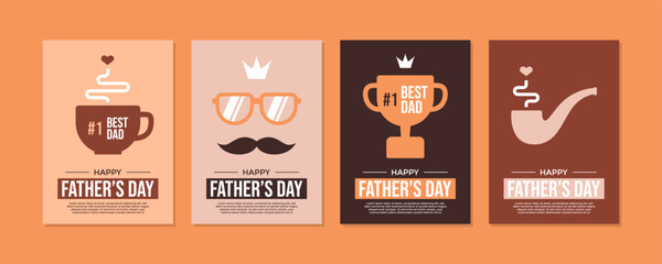 Happy Father's Day poster template collection with a cup of coffee. a moustache, a trophy, and a smoking pipe