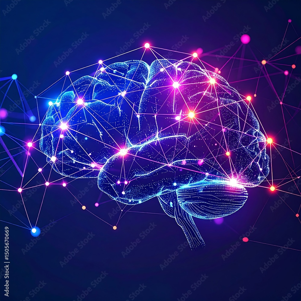 Poster neural network visualization glowing brain connections representing ai