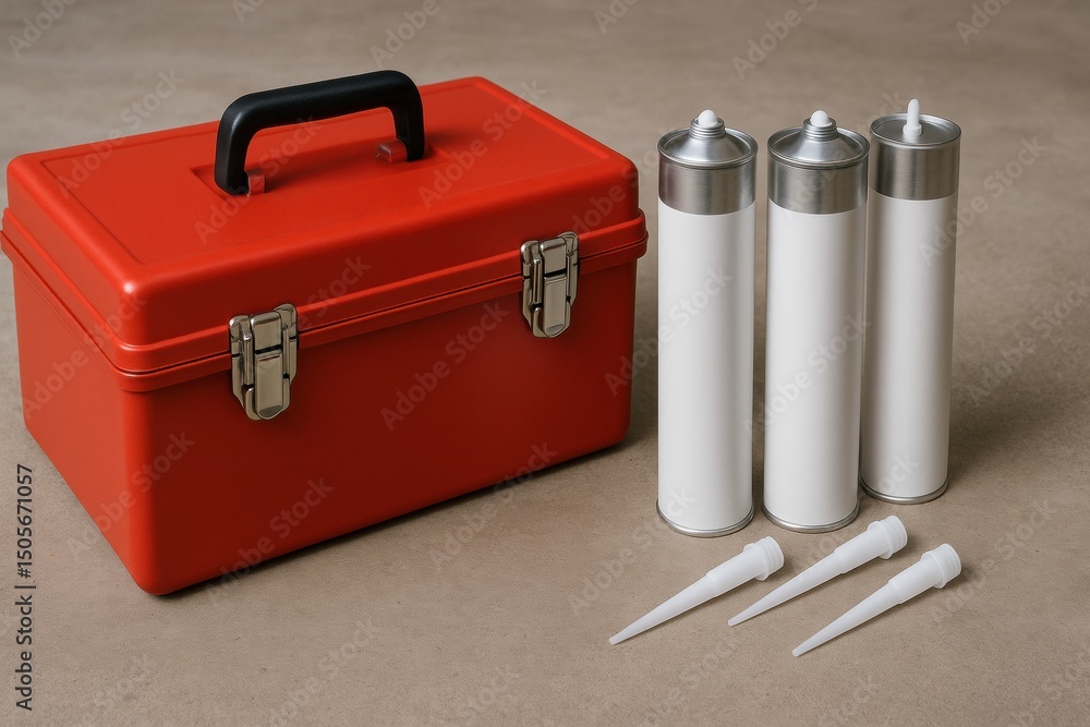 Aufkleber Tools and Containers for Adhesive Applications Displayed on a Flat Surface in a Workshop Setting