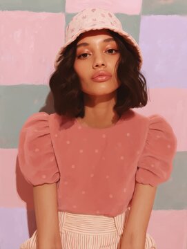 Clash Happy: portrait of a teen girl wearing clashing patterned outfit: polka-dot blouse (PANTONE 18-1655 TCX red), striped pants (PANTONE 14-0852 TCX yellow), and floral bucket hat (multi-print)