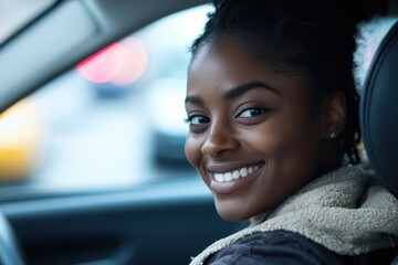 Smiling female taxi driver sitting inside black cab