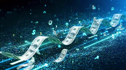 Flowing banknotes amidst digital graphics representing financial growth and prosperity in a futuristic setting - Powered by Adobe