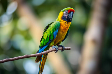 Fototapeta premium Magnificent Green-Winged Macaw Perched on a Tree Branch, Displaying Its Vivid Red, Green, and Blue Plumage in a Tropical Setting, Vibrant Wallpaper