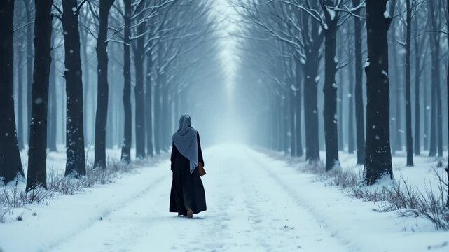 Hyper realistic animation of a woman in long black abaya and blue grey hijab walking alone on a snow covered path, surrounded by tall leafless trees in a winter forest