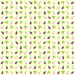 Vector pattern purple eggplant vegetable, broccoli, and red onion, cute bright