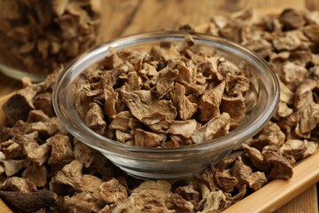 Pieces of dry chicory roots in bowl on table, closeup