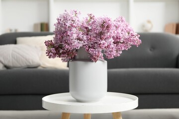 Beautiful lilac flowers in vase on table indoors