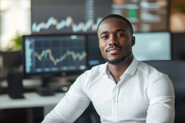 Fototapeta premium Confident middle-aged Black man with glasses standing in modern office