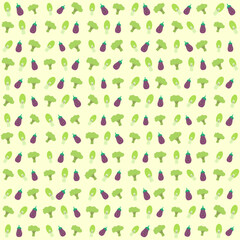 Vector pattern pak choy mustard greens, purple eggplant, and broccoli cute bright