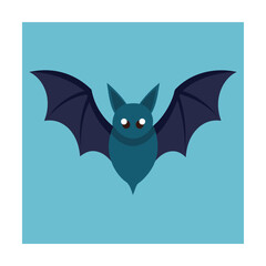 Flat design illustration of a cartoon bat with dark blue wings on a light blue background